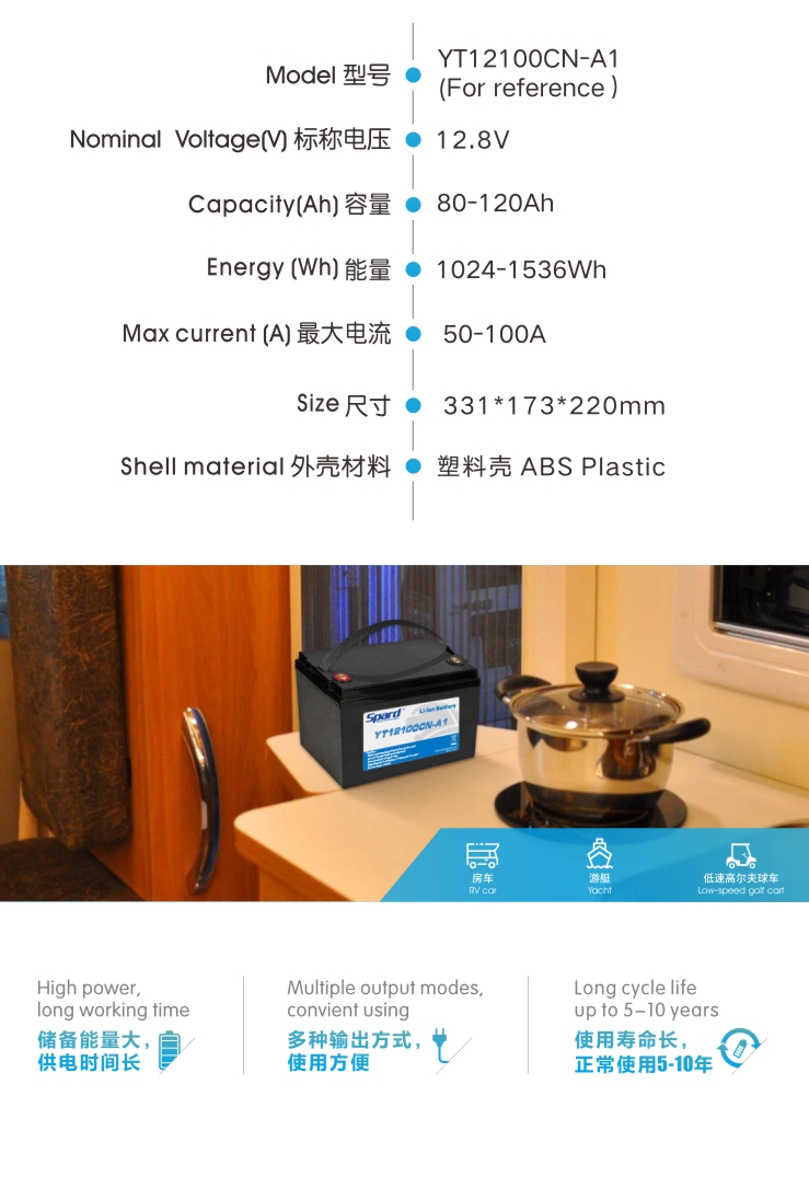 世豹儲能電池-YT12100CN,12.8v120ah大容量鋰電池,5-10年長壽命,多種輸出方式,使用方便